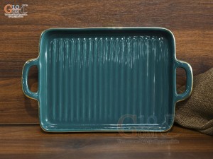Khay chữ nhật có quai men xanh kẻ chỉ vàng kim, 21,5x16,5cm