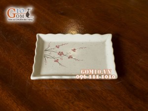 Khay chữ nhật lượn men gốm trắng vẽ hoa đào đỏ 16x12cm