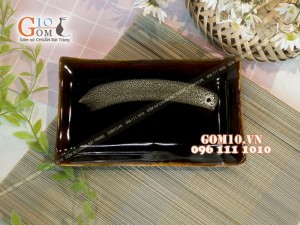 Đĩa chữ nhật men hỏa biến gấm quẹt màu mật ong, 19x11cm