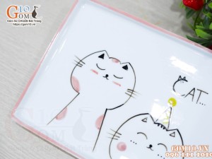 Khay chữ nhật men trắng vẽ Mèo Ú chỉ hồng, 28x17cm