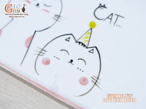 Khay chữ nhật men trắng vẽ Mèo Ú chỉ hồng, 28x17cm