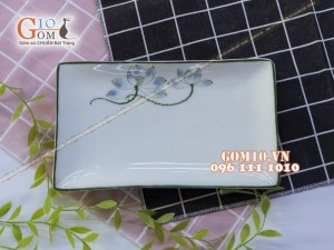 Khay chữ nhật men kem vẽ sen xanh - Chỉ xanh, 24x14cm