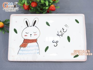 Khay chữ nhật men trắng vẽ Thỏ kute chỉ hồng, 28x17cm