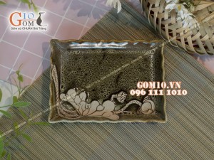 Khay chữ nhật viền hoa men hỏa biến gấm vàng khắc sen, 15,5x11,5cm