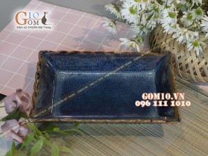 Đĩa chữ nhật viền hoa men hỏa biến xanh đá, 22,5x15,5cm