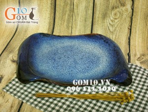 Khay chữ nhật xách 2 đầu cong men hỏa biến xanh đá 35x26,5cm