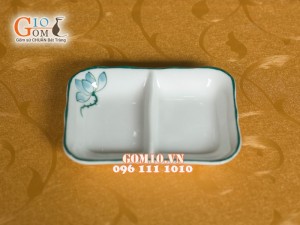 Đĩa gia vị 2 ngăn men trắng vẽ sen xanh