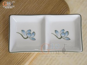 Đĩa gia vị 2 ngăn men trắng vẽ hoa Sen xanh