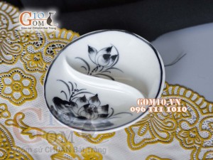 Khay gia vị oval men chàm cổ họa tiết Sen đen