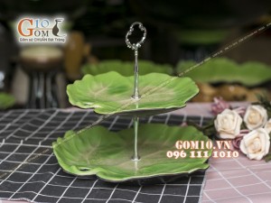 Khay lá đựng mứt tết, bánh kẹo men thủy tinh 2 tầng, cao 26cm