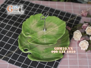 Khay lá đựng mứt tết, bánh kẹo men thủy tinh 2 tầng, cao 26cm