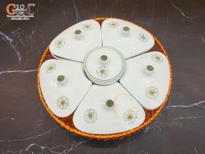 Khay mứt 5 cánh men kem vẽ hoa Cúc họa mi (Kèm khay mây)