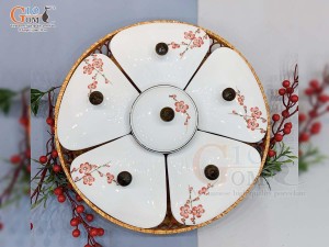 Khay mứt 5 cánh men kem vẽ hoa Đào đỏ (Kèm khay mây)