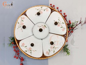 Khay mứt 5 cánh men kem vẽ hoa Đào phai (Kèm khay mây)