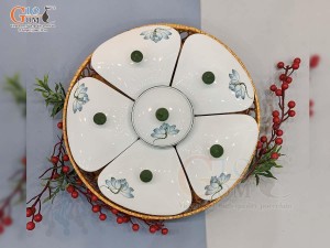 Khay mứt 5 cánh men kem vẽ hoa Sen xanh (Kèm khay mây)