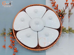 Khay mứt 5 cánh men trắng (Kèm khay mây)