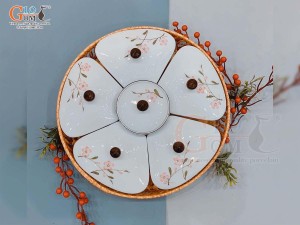 Khay mứt 5 cánh men trắng vẽ hoa Đào phai (Kèm khay mây)
