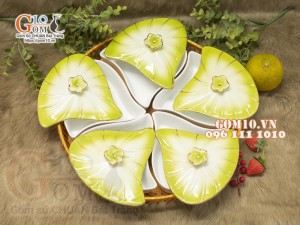 Khay mứt Tết 5 cánh Hoa vàng, men màu, khay mây 36cm