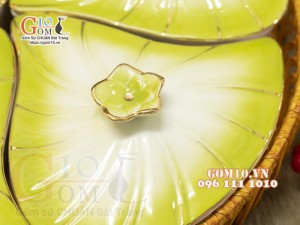 Khay mứt Tết 5 cánh Hoa vàng, men màu, khay mây 36cm