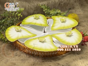 Khay mứt Tết 5 cánh Hoa vàng, men màu, khay mây 36cm