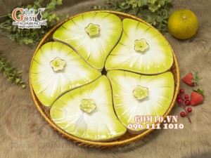 Khay mứt Tết 5 cánh Hoa vàng, men màu, khay mây 36cm