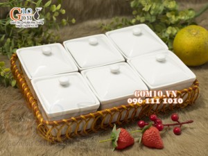 Khay mứt Tết chữ nhật men trắng, khay mây 22x28,5cm