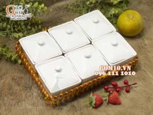 Khay mứt Tết chữ nhật men trắng, khay mây 22x28,5cm