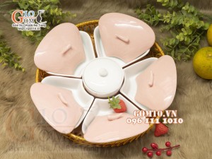 Khay mứt Tết hoa 5 cánh, màu hồng, khay mây 33cm