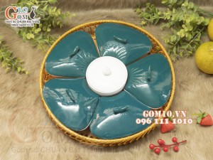 Khay mứt Tết hoa 5 cánh, màu xanh, khay mây 36cm
