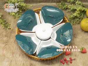 Khay mứt Tết hoa 5 cánh, màu xanh, khay mây 36cm