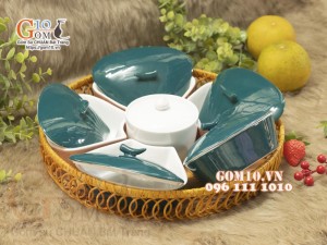 Khay mứt Tết hoa 5 cánh, màu xanh, khay mây 36cm