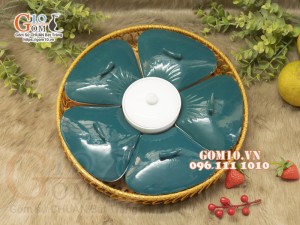 Khay mứt Tết hoa 5 cánh, màu xanh, khay mây 36cm