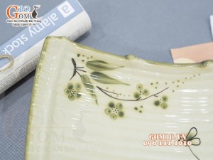 Khay thuyền men kem vẽ chuồn tre 22cm