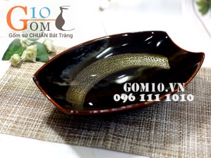 Khay thuyền sâu đại men hỏa biến gấm quẹt màu mật ong 32cm