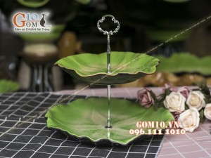 Khay tròn đựng mứt tết, bánh kẹo men thủy tinh 2 tầng, cao 26cm