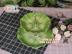 Khay tròn đựng mứt tết, bánh kẹo men thủy tinh 2 tầng, cao 26cm