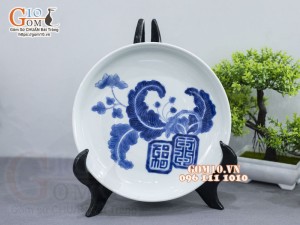 Khay tròn kê chén men lam cổ vẽ Mai Thọ, đường kính 21cm