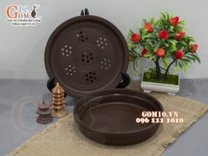 Khay tròn thủng gốm đen, đường kính 22cm