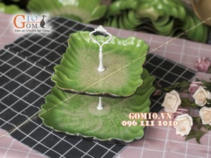 Khay vuông đựng mứt tết, bánh kẹo men thủy tinh 2 tầng, cao 26cm