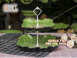 Khay vuông đựng mứt tết, bánh kẹo men thủy tinh 2 tầng, cao 26cm