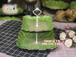 Khay vuông đựng mứt tết, bánh kẹo men thủy tinh 2 tầng, cao 26cm