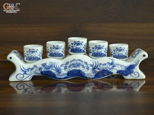 Kỷ ngai 5 chén men lam vẽ Sen Đại Cát