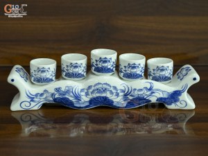 Kỷ ngai 5 chén men lam vẽ Sen Đại Cát