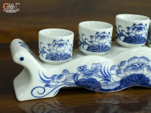 Kỷ ngai 5 chén men lam vẽ Sen Đại Cát