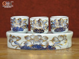 Kỷ cong 3 chén men lam cổ vẽ Sen Tài Lộc, vẽ vàng 24k