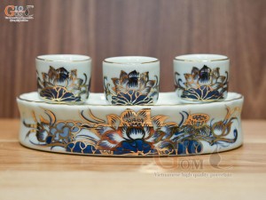 Kỷ cong 3 chén men lam vẽ Sen Đại Cát, vẽ vàng 24k