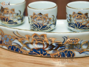 Kỷ cong 3 chén men lam vẽ Sen Đại Cát, vẽ vàng 24k