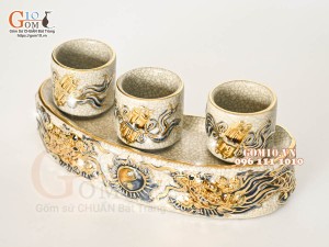 Kỷ cong 3 chén men rạn đắp nổi Rồng Như Ý, vẽ vàng 24k