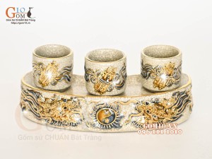 Kỷ cong 3 chén men rạn đắp nổi Rồng Như Ý, vẽ vàng 24k
