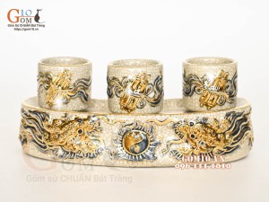 Kỷ cong 3 chén men rạn đắp nổi Rồng Như Ý, vẽ vàng 24k